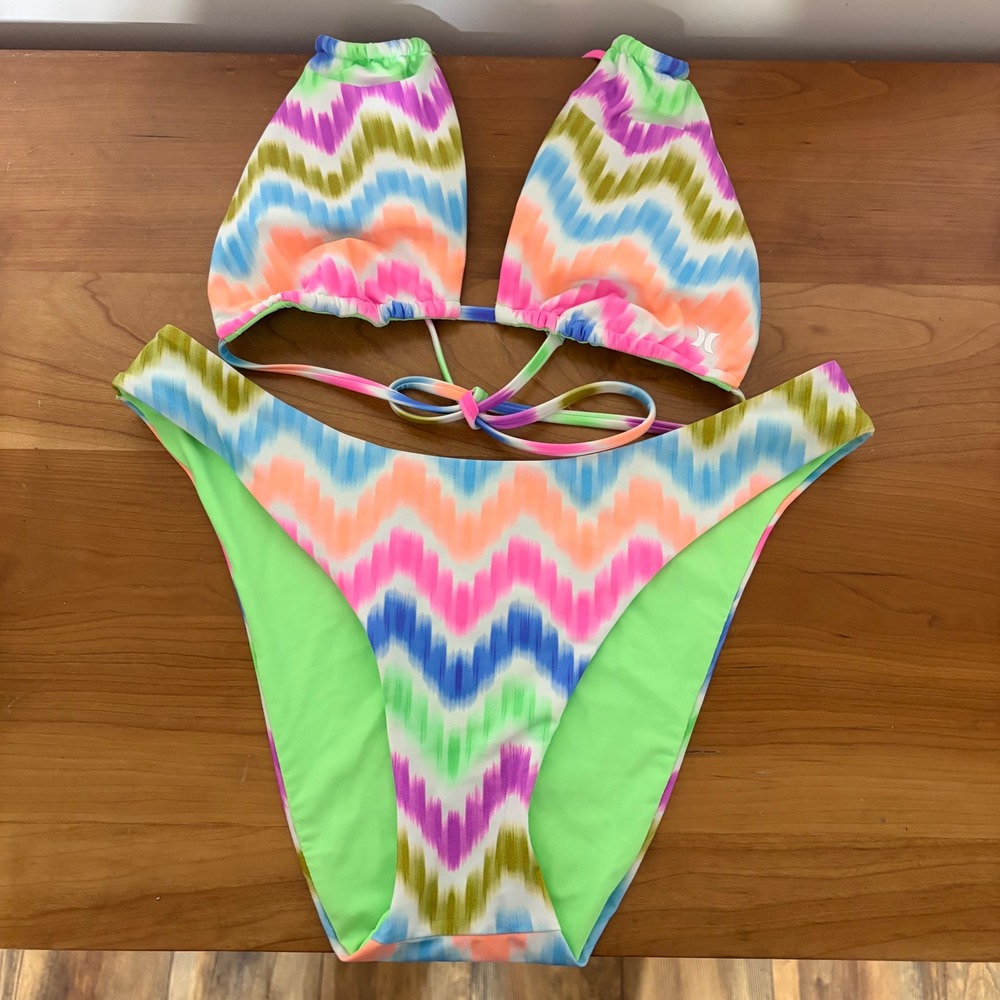 Hurley Chevron Ikat Bikini Set Multicolor Triangle Top S High Cut Bottoms M